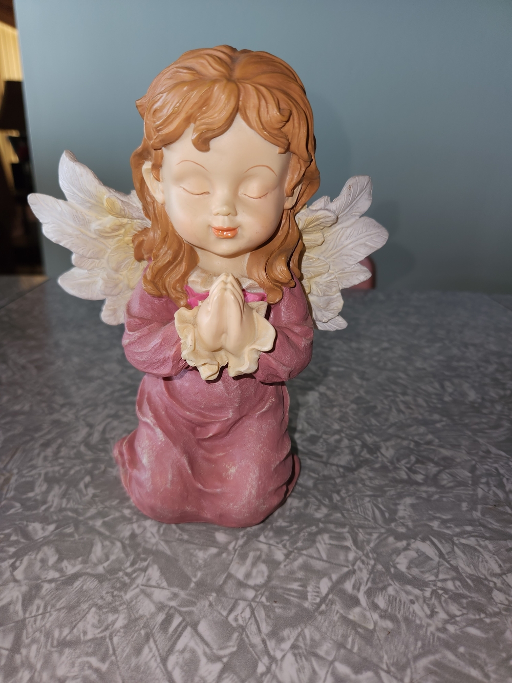 Rare Vintage Kneeling Praying Angel Figurine in Dusty Rose and Cream